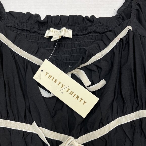 Thirty Thirty Y2K Top L‎ Black Milkmaid Cropped Puff Sleeve Smocked Coquette - Picture 4 of 9